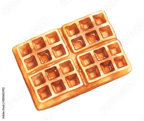 A Delicious Golden Brown Waffle with Crisp Texture Watercolor Illustration on White Background