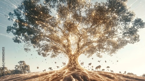 Representation of the Interconnected Tree of Life with Glowing DNA Roots