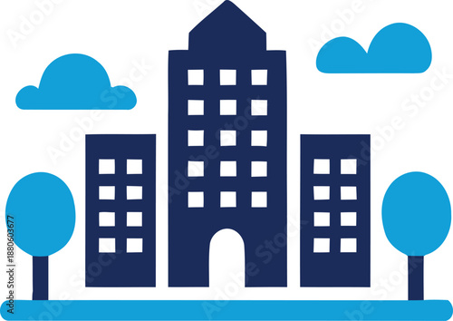 Modern cityscape with buildings and trees blue tones