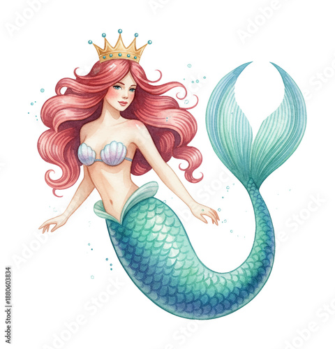 Lovely smiling mermaid with flowing pink hair wearing a golden crown and seashell top posing calmly