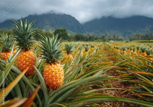 Vibrant Ripe Pineapples in a Tropical Plantation, Rows Leading to Majestic Mountains Under Cloudy Sky.