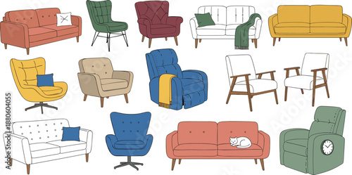 Colorful chair and sofa icon set, modern and classic furniture illustrations with pillows, recliners, cat, clock, home decor vector