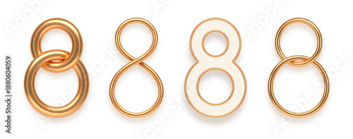 Set of realistic 3D golden number eight symbols. Vector collection of metallic numeral 8 design elements for March International Women's Day greeting card isolated on white background.