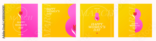 International Women's Day 8 March social media templates set. Modern yellow and pink square vector banners with tulips and typography. Abstract spring holiday collection.