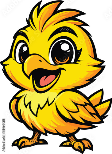Cute cartoon chick vector illustration, adorable yellow baby bird mascot with big eyes, smiling animal character, playful colorful flat design, kids friendly style, isolated on white