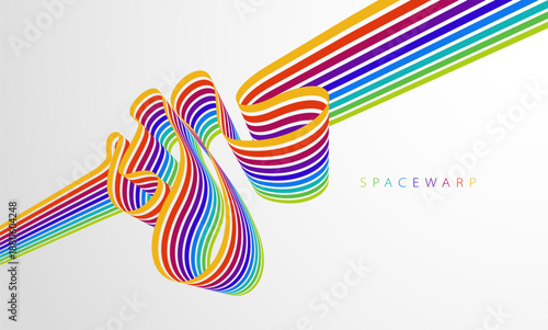 Rainbow colored lines in 3D perspective vector abstract background, curve stripes tapes happy positive emotion wallpaper, joyful warped ribbon.