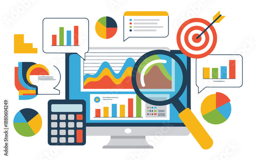 A comprehensive illustration showing financial data analysis and market research on a computer screen with multiple charts