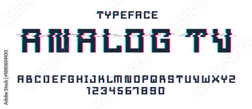 Glitch noisy geometric vector font in analog style, futuristic cyberpunk typeface with digital grunge effect, matrix typography alphabet letters and numbers.