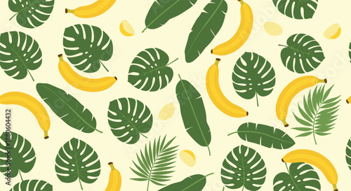 Seamless tropical pattern features bright yellow bananas and various green jungle leaves scattered across a pale yellow background for summer.