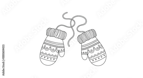 Pair of patterned winter mittens connected by a string are shown in a detailed line art sketch for holiday and cold weather concepts.