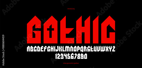 Sharp and bold gothic font for logo creation of for headlines, edgy geometric modern vector typeface, heavy metal and hard rock style alphabet with numbers.