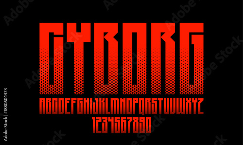 Halftone dotted futuristic cyberpunk font for logos and posters, vector brutal industrial typeface alphabet letters and numbers, urban technic future typography.
