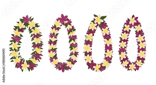 Set of four traditional Hawaiian flower leis featuring colorful frangipani blossoms in purple and yellow hues on a white background.