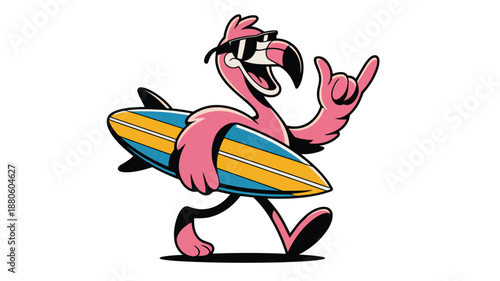 A cool pink flamingo wearing sunglasses carries a surfboard and flashes a shaka hand sign
