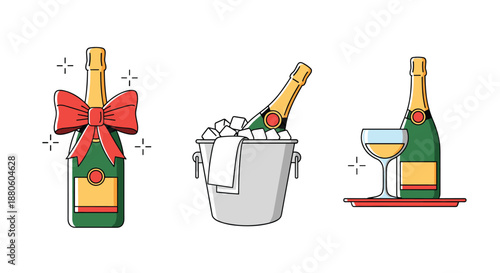 Celebration set features champagne bottles with a red bow, an ice bucket, and a filled glass on a tray for party and luxury themes.