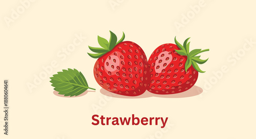 Delicious ripe red strawberries with a green leaf in a clean illustrative style suitable for food blogs, recipes, and healthy eating concepts.