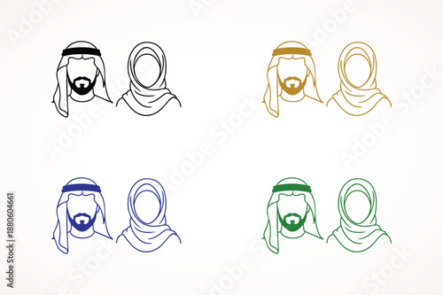 Muslim Woman Hijab Icon Set, Flat and Outline Vector Avatars for Islamic Fashion and Identity
