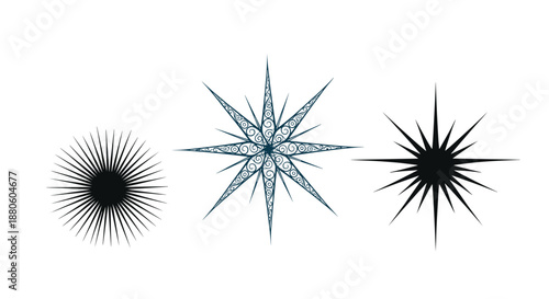 Collection of three unique stylized stars in dark blue colors featuring intricate patterns and geometric rays for astronomical or celestial designs.
