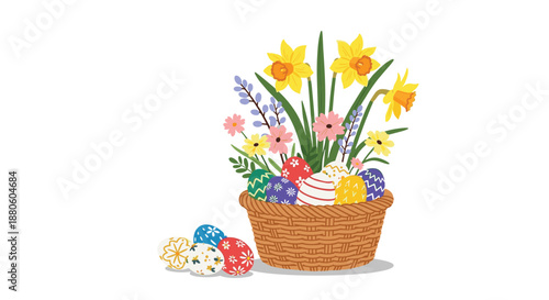 Beautifully decorated Easter basket filled with colorful patterned eggs and a variety of spring flowers including daffodils and pink blossoms.