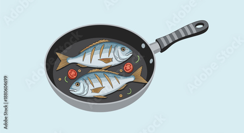 Two delicious grilled fish seasoned with herbs and cherry tomatoes cooking inside a non-stick frying pan against a light blue background.