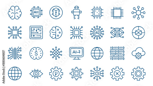 A set of blue line vector icons representing artificial intelligence (AI) including brains microchips robots and neural network symbols
