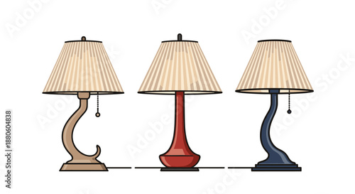 Selection of three stylish table lamps with different colored bases in tan, red, and navy blue paired with classic pleated lampshades for interiors.