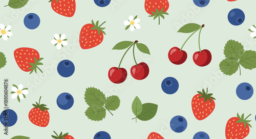 Colorful seamless fruit pattern featuring fresh strawberries, red cherries, and blueberries with green leaves on a soft mint green background.