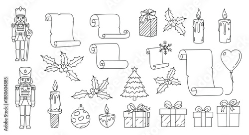 Detailed collection of Christmas line art icons including nutcrackers, candles, gifts, holly leaves, and decorative scrolls for holiday crafts.