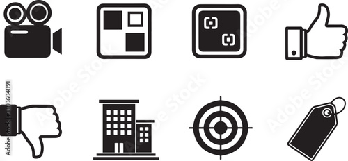 Black and white vector icon set featuring business and technology symbols like phone, mail, and computer signs for professional web design and mobile app interface illustration