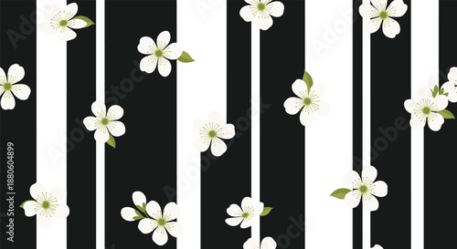 Elegant seamless pattern featuring delicate white flowers with green leaves scattered across bold black and white vertical stripes for fashion.