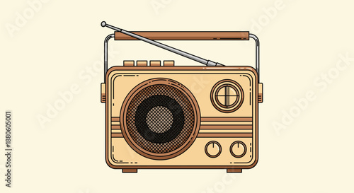 Vintage-style transistor radio illustration in brown and tan tones with an antenna and classic knobs for a nostalgic audio equipment theme.