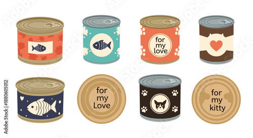 Variety of colorful pet food cans featuring fish and heart illustrations are displayed in a neat grid for domestic animal nutrition concepts.