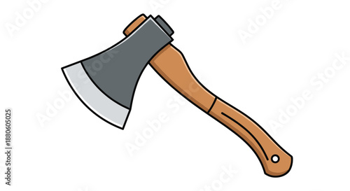 Handcrafted camping hatchet with a sharp steel blade and a curved wooden handle is isolated on a clean white background for design.