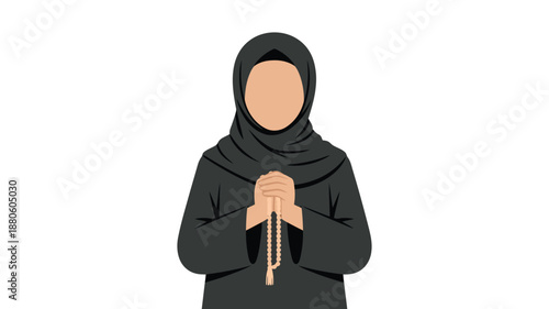 A dedicated Muslim woman, veiled in a black hijab, engages in quiet prayer with rosary beads