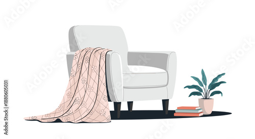 Cozy interior scene featuring a modern white armchair draped with a patterned pink blanket, a stack of books, and a potted plant nearby.