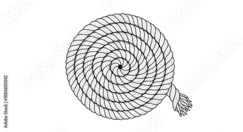 Intricate line art illustration of a heavy duty rope coiled into a circular spiral shape with a frayed end shown on a plain white background.