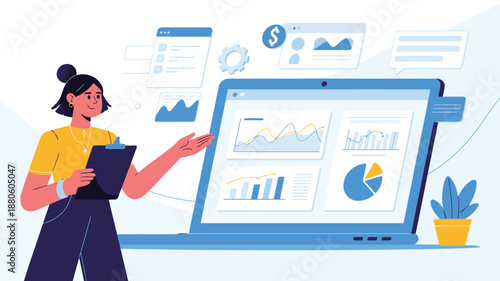 A dedicated employee reviews important business metrics and data visualization on a modern laptop