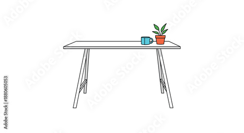 Minimalist workstation setup shows a simple white table topped with a blue coffee mug and a small potted plant on a white background.