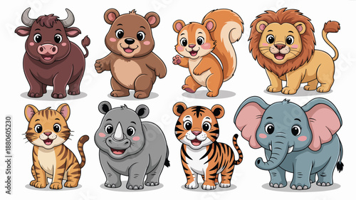 A delightful collection of eight happy cartoon animals featuring a lion, elephant, bear, and brown buffalo