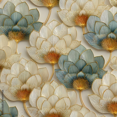 Elegant Floral Pattern with Gold and Blue Lotus Flowers Design