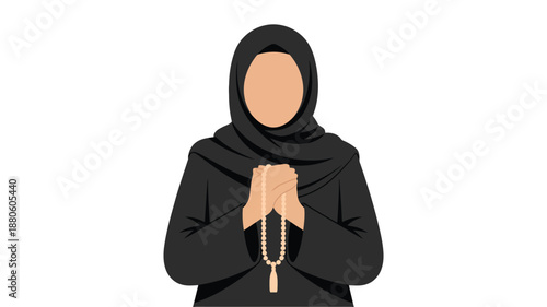 A devout Muslim woman wearing a black hijab and traditional clothes holds prayer beads in her clasped hands