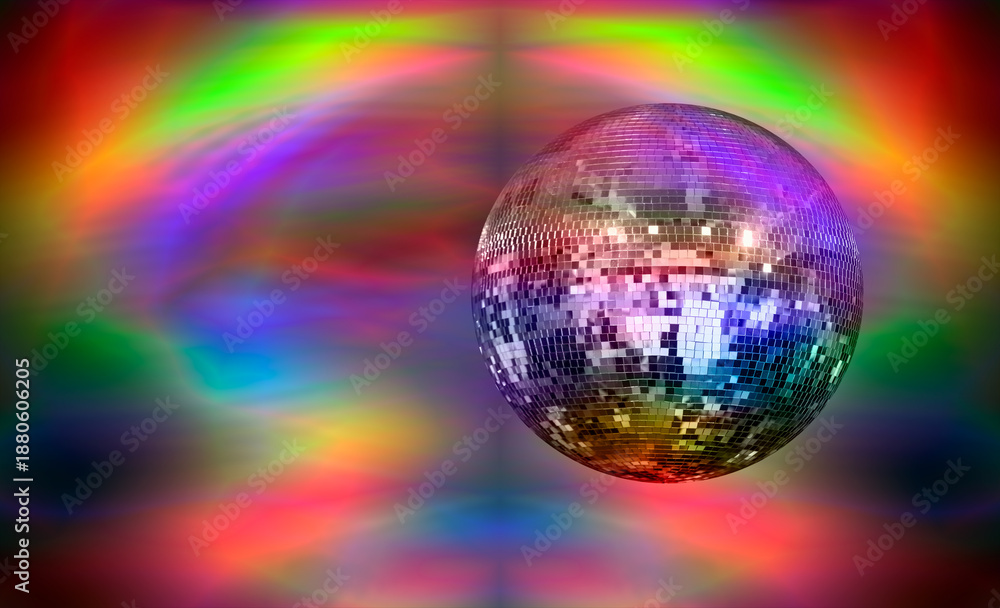 Obraz premium Party disco mirror ball reflecting orange, purple and green lights
