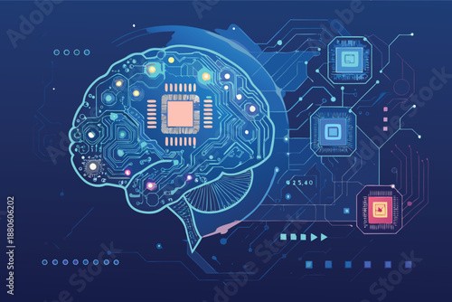 Vector art, digital illustration of a glowing human brain as a central processing unit for artificial intelligence and neural networks on a dark circuit background