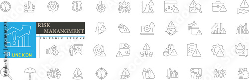 Risk Management Line Icons Set. Crisis, Warning, Strategy and Financial Analysis Vector