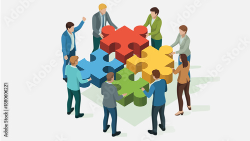 A diverse team of eight isometric people works together connecting colorful puzzle pieces successfully