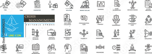 Crisis Management Line Icons Set. Risk Management, Strategy, Planning and Financial Crisis Outline Icons. Vector Illustration