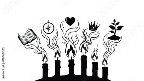 Candles burning with symbols of knowledge, love, leadership, and growth rising like smoke.