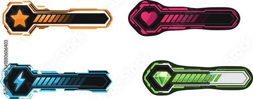 Stylized progress bar icon set, video game UI elements, health, energy, currency, achievement indicators with heart, star, gem, lightning