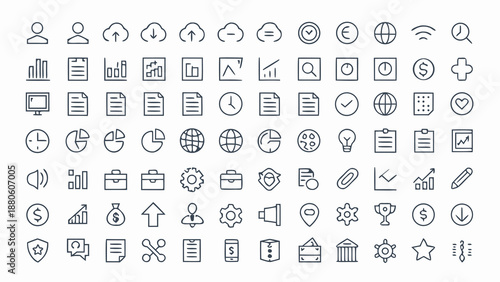 A large grid of simple black and white vector icons representing business data cloud computing and general web interface elements