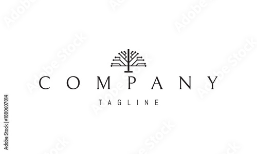 A vector logo featuring an abstract image a microchip forming both a tree and a brain, symbolizing intelligence, growth, and technology.